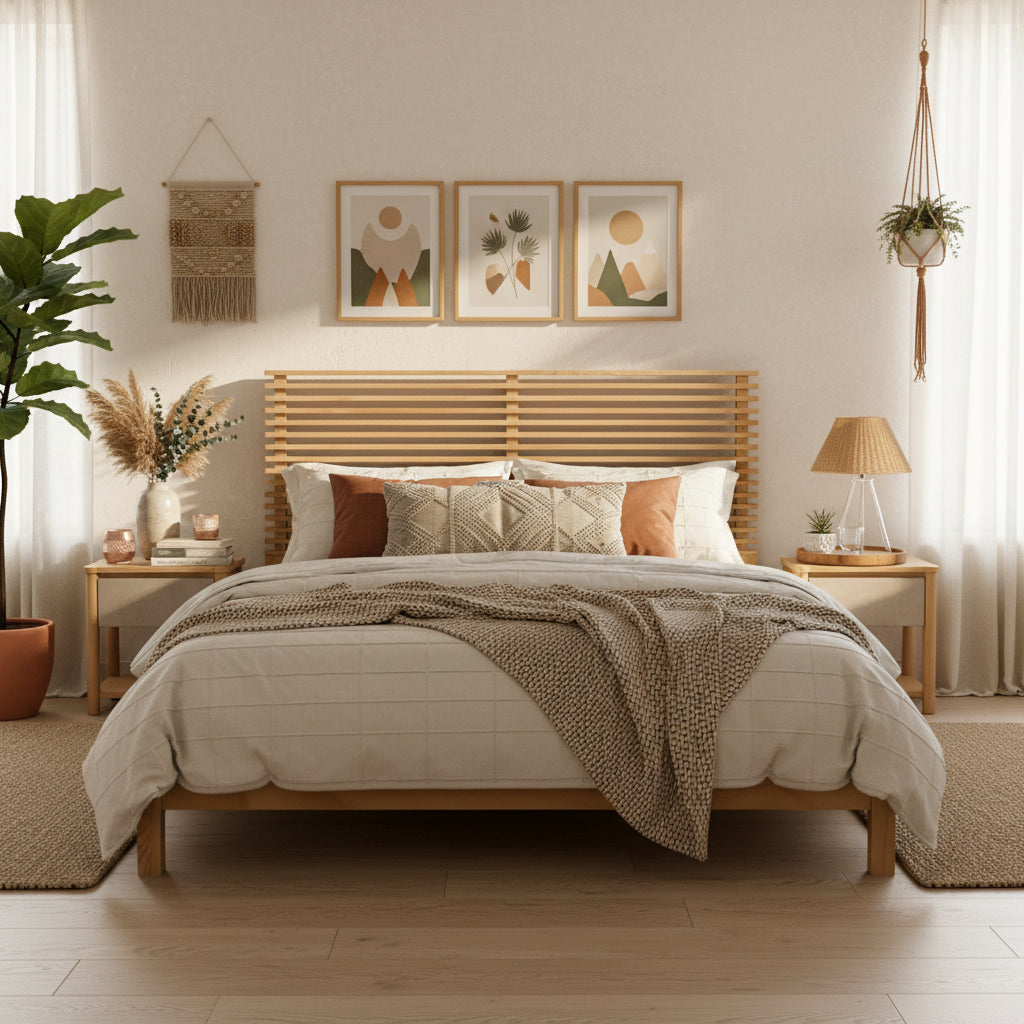 Premium Solid Wood King Size Bed Frame With Headboard,Natural Finish, 600lbs Capacity, For Modern Bedroom,No Box Spring Needed, Fits All Mattresses