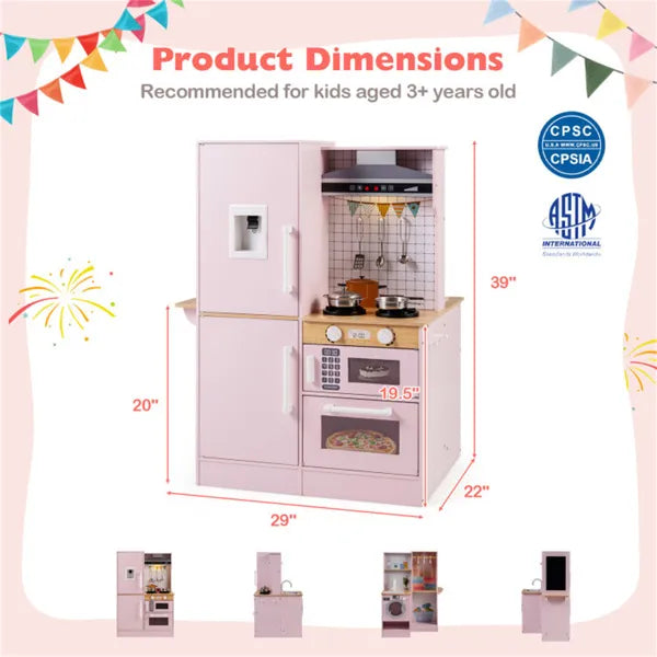 Pink Dual-Sided Kids Play Kitchen With Water Dispenser And Range Hood For 3+ Years Old