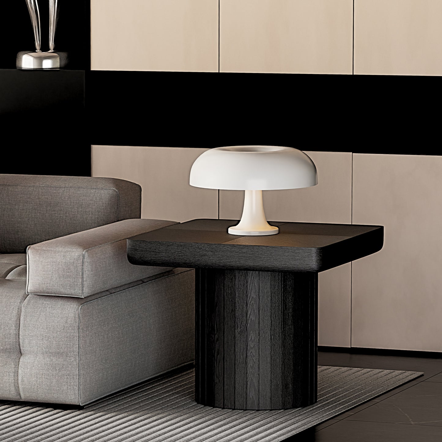 23.6'' Modern Solid Wood Veneer End Table, Minimalist Square Side Table With Parquet Pattern, Grooved Cylindrical Base & Thickened Tabletop, Compact Accent Table For Living Room, Matte Black
