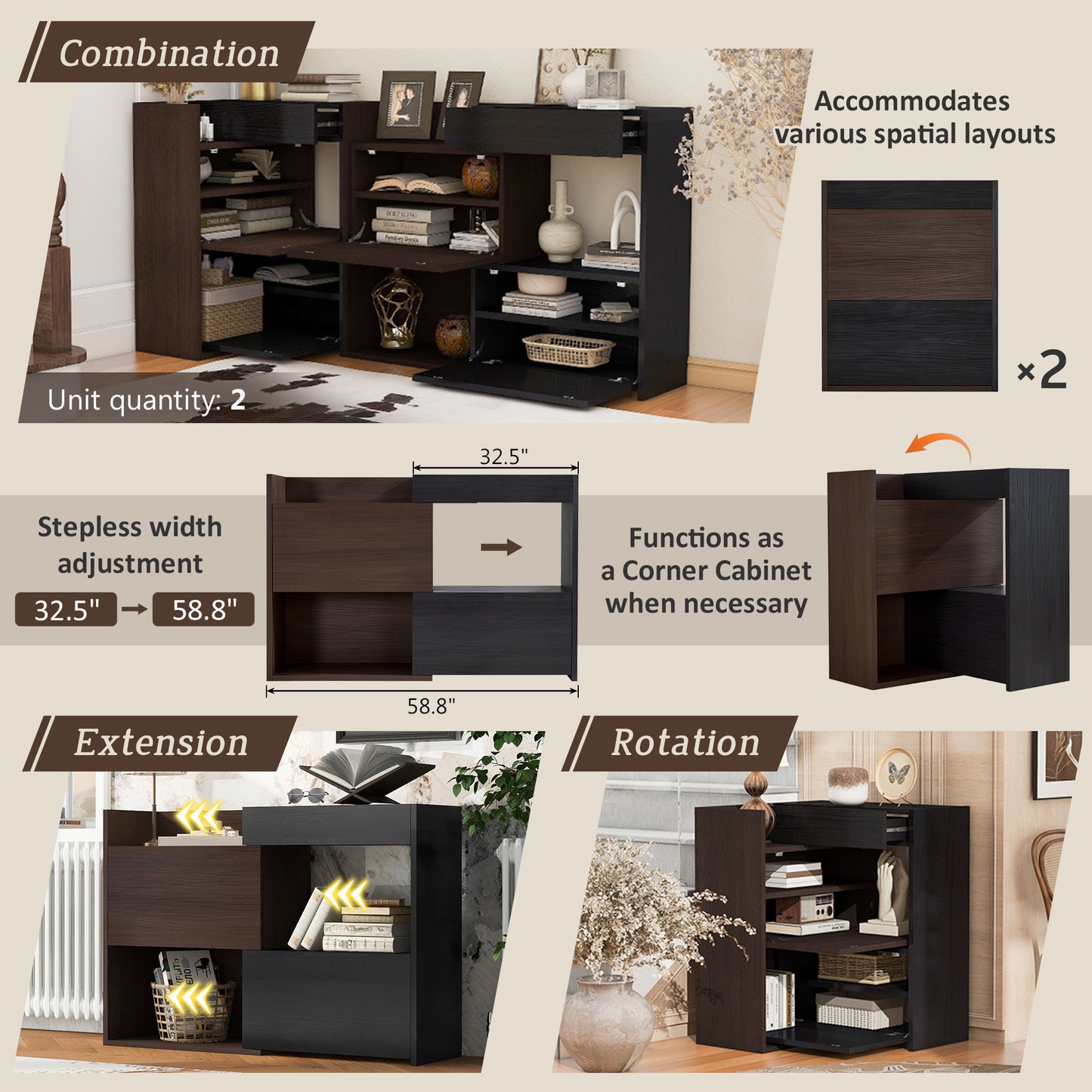 32.5 -58.8 W 40 H Multifuctional Storage Cabinet, Buffet Sideboard Cabinet With Drawer, Corner Cabinet For 44 H Window Decor, Livingroom, Hallway, Entryway, Kitchen & Office  - Black & Walnut