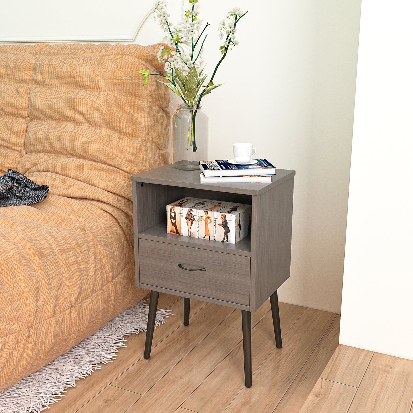 Two Sets Of Nightstand,modern Style Bedside Table, With Storage Drawers And Open Wooden Shelves, Suitable For Living Rooms, Bedrooms And Small Spaces. Decorative Bedside Tables In Two Sets, Easy To As