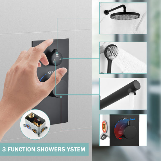 Luxury 3-Function Shower System Set - Solid Brass Control Valve, 10  Overhead Shower, 3-Spray Handheld, With Bathtub Spout
