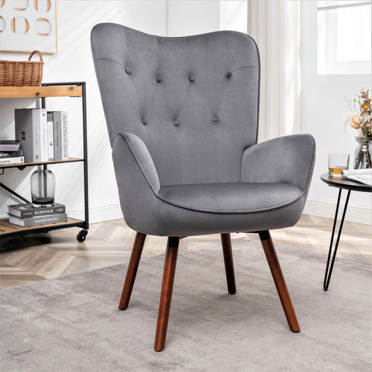 Mid-Century Modern Wingback Accent Chair, Button-Tufted Polyester Fabric Armchair With Solid Wood Splayed Legs For Living Room Bedroom Home Office