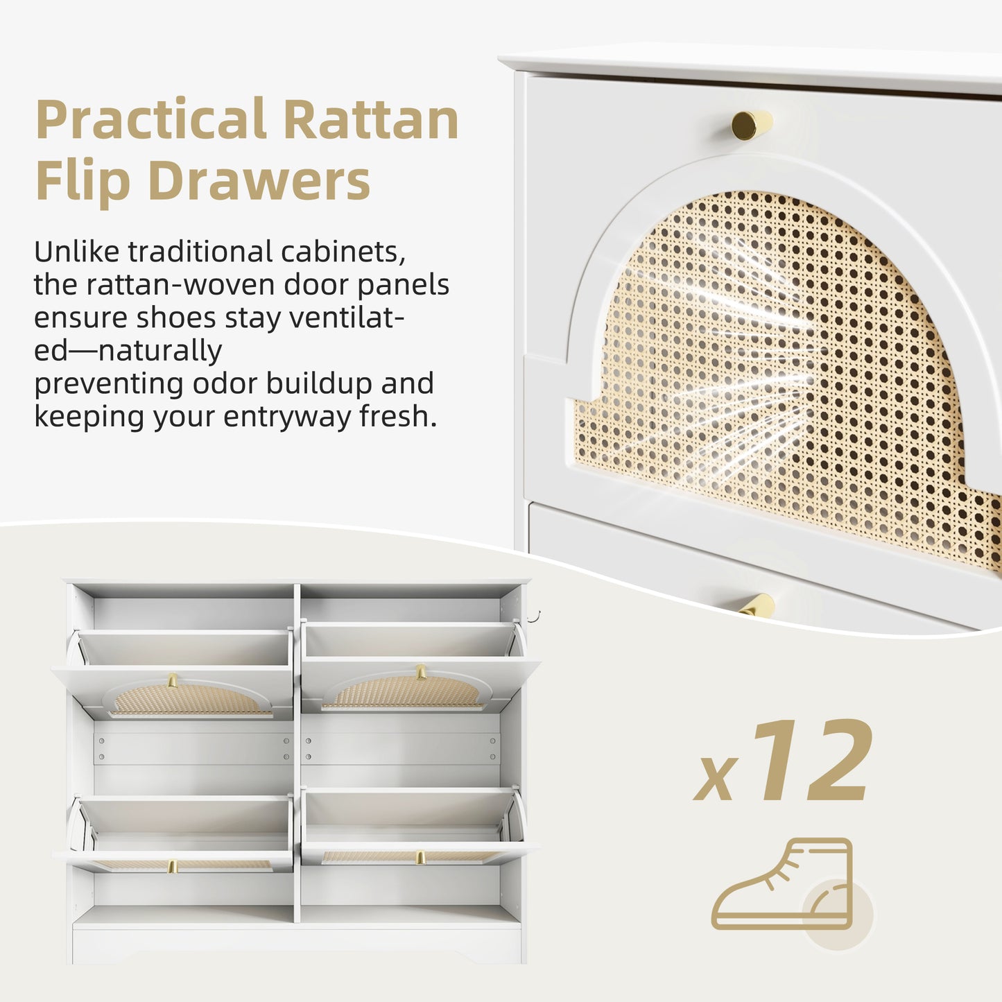 Mid-Century Narrow Design Tipping Bucket Shoe Cabinet With 4 Flip Drawers, Elegant Entryway Shoe Organizer With 4 Rattan Doors, Freestanding Shoe Rack With 2 Silvery Hooks For Hallway, White, 42.1 W
