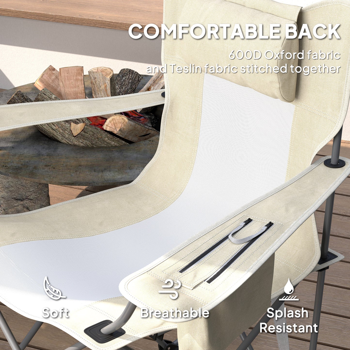 Folding Rocking Camping Chairs, Portable Chairs With Headrest, Cooler Bag, Cup Holder, Carry Bag, 2 Pack, Cream
