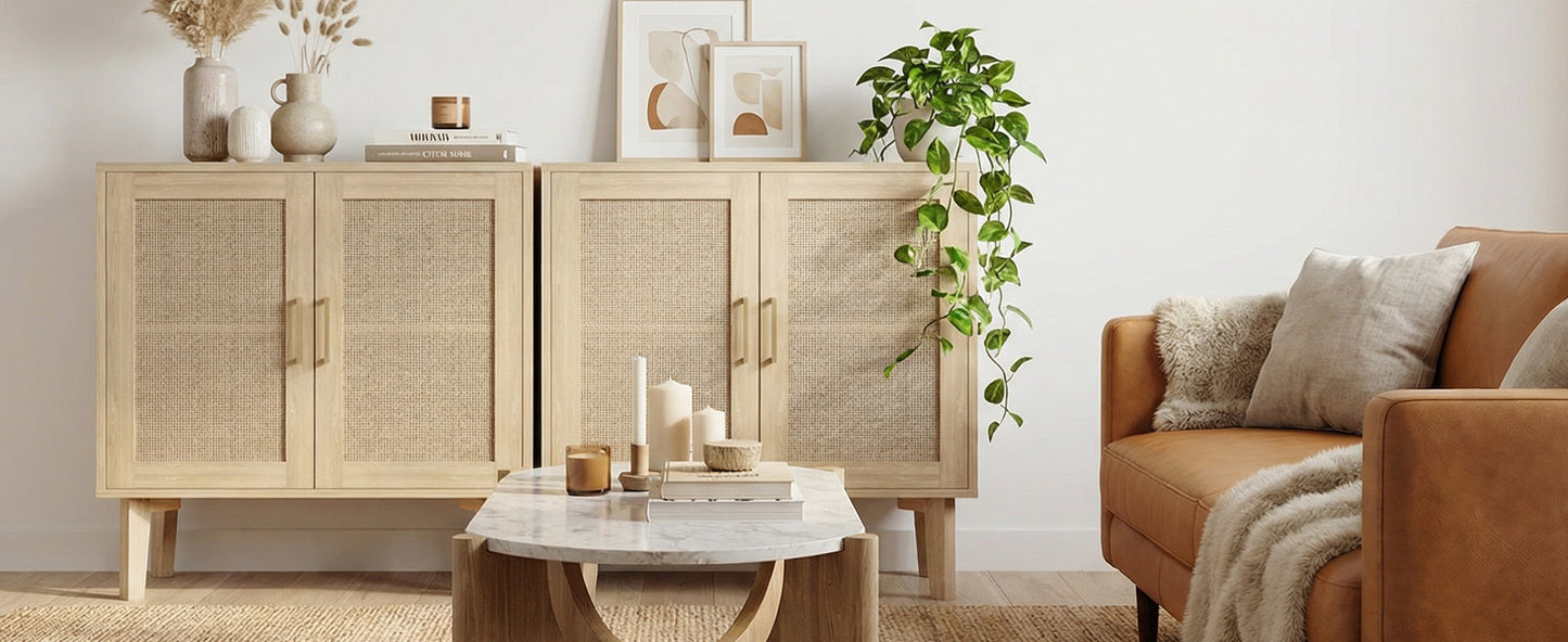 Buffet Cabinet With Rattan Decor Doors Solid Wood Feet Multifunctional Sideboard Cabinet For Dining Room Kitchen Light Oak