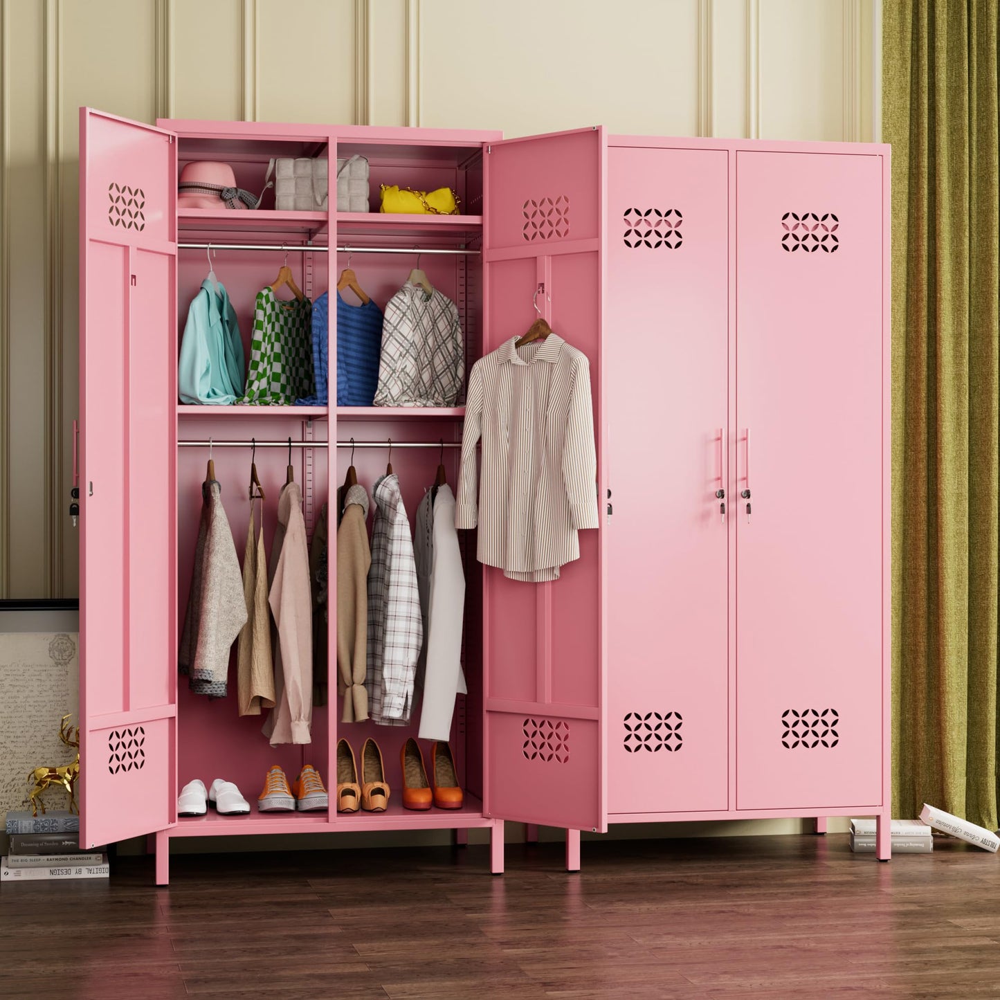 METAN 71inch Hx33.5inch Wx20inch D Metal Wardrobe Closet With Lock,Extra Deep 2 Doors Metal Wardrobe Cabinet For Home,Assembly Required,Pink