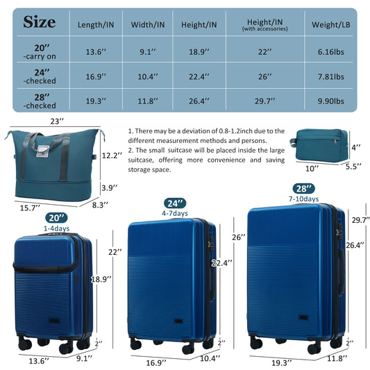 Luggage Sets 5 Piece With Half-opening, Hardside Carry On Suitcase Set With Double Spinner Wheel, Lightweight Travel Luggage With USB Port,TSA Locks