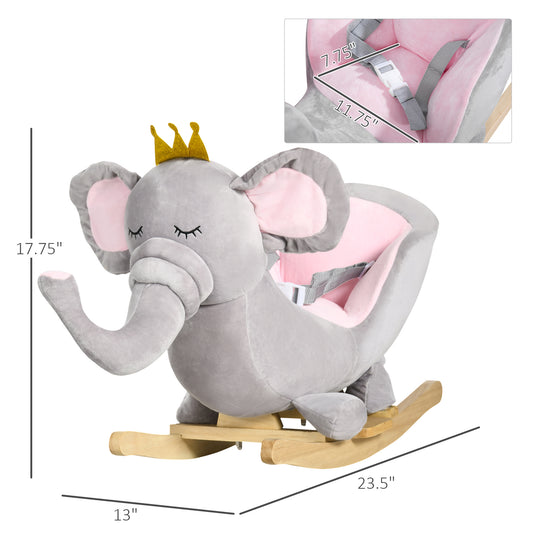 Baby Rocking Horse Elephant Rocking Chair Toddler Rocker Toy With Sound Wooden Base Seat Safety Belt For 1.5-3 Year Old, Gray