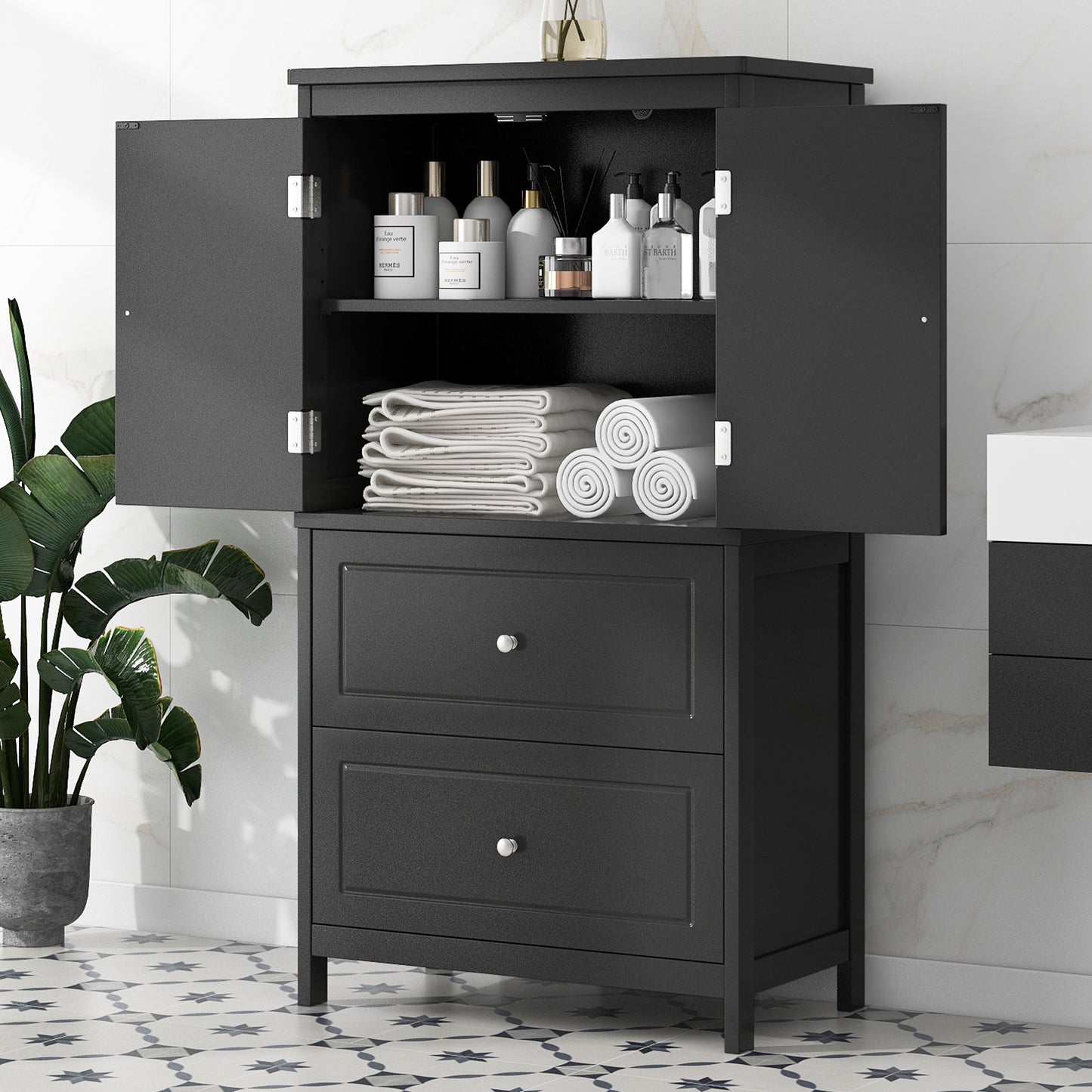 Bathroom Storage Cabinet, Cabinet With Two Doors And Drawers, Adjustable Shelf, MDF Board, Black