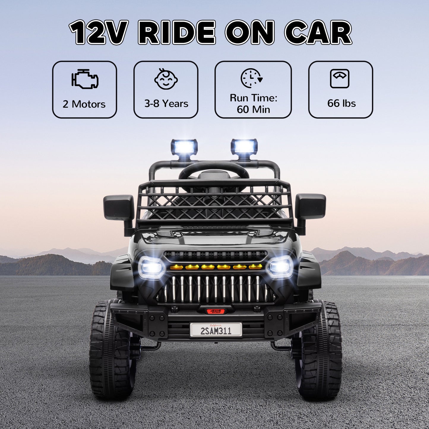 12V Battery Powered Ride On Truck, Kids Electric Car With Spring Suspension, Remote, Horn, USB Music, Black