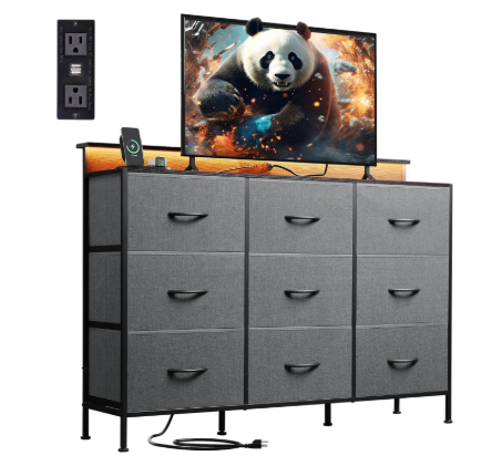 47-inch TV Stand For Up To 55 Inch TVs, Entertainment Center With RGB LED Lights & Charging Station, Media Console With 9 Fabric Drawers
