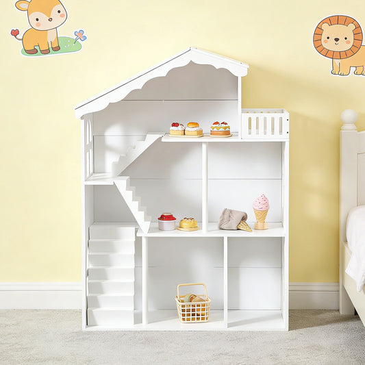 Kids Dollhouse Bookshelf 3 Tier Open Design Wooden Toy House Bookcase For Children Aged 3 And Above