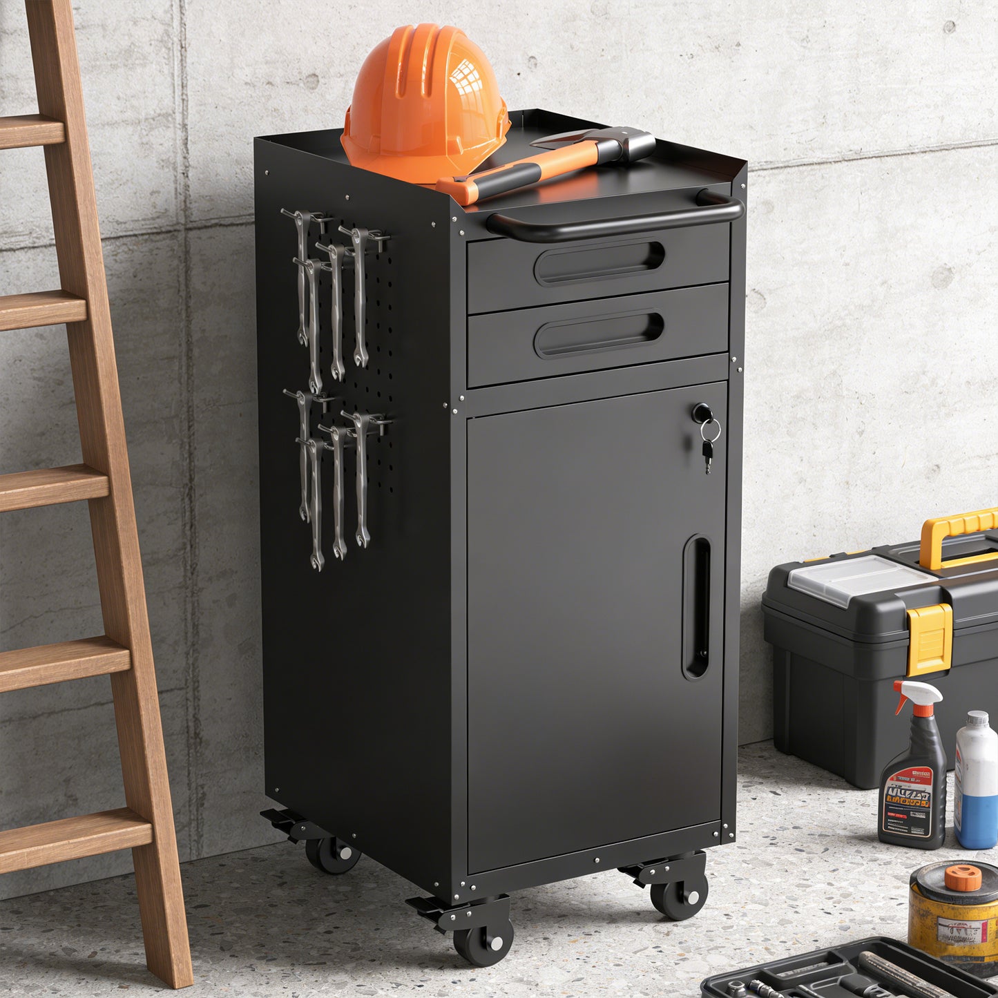 34.3 Narrow Rolling Tool Cabinet - Space-Saving Garage Storage With Lockable Door, 2 Drawers And Large Handle, Slim Metal Organizer For Tight Spaces