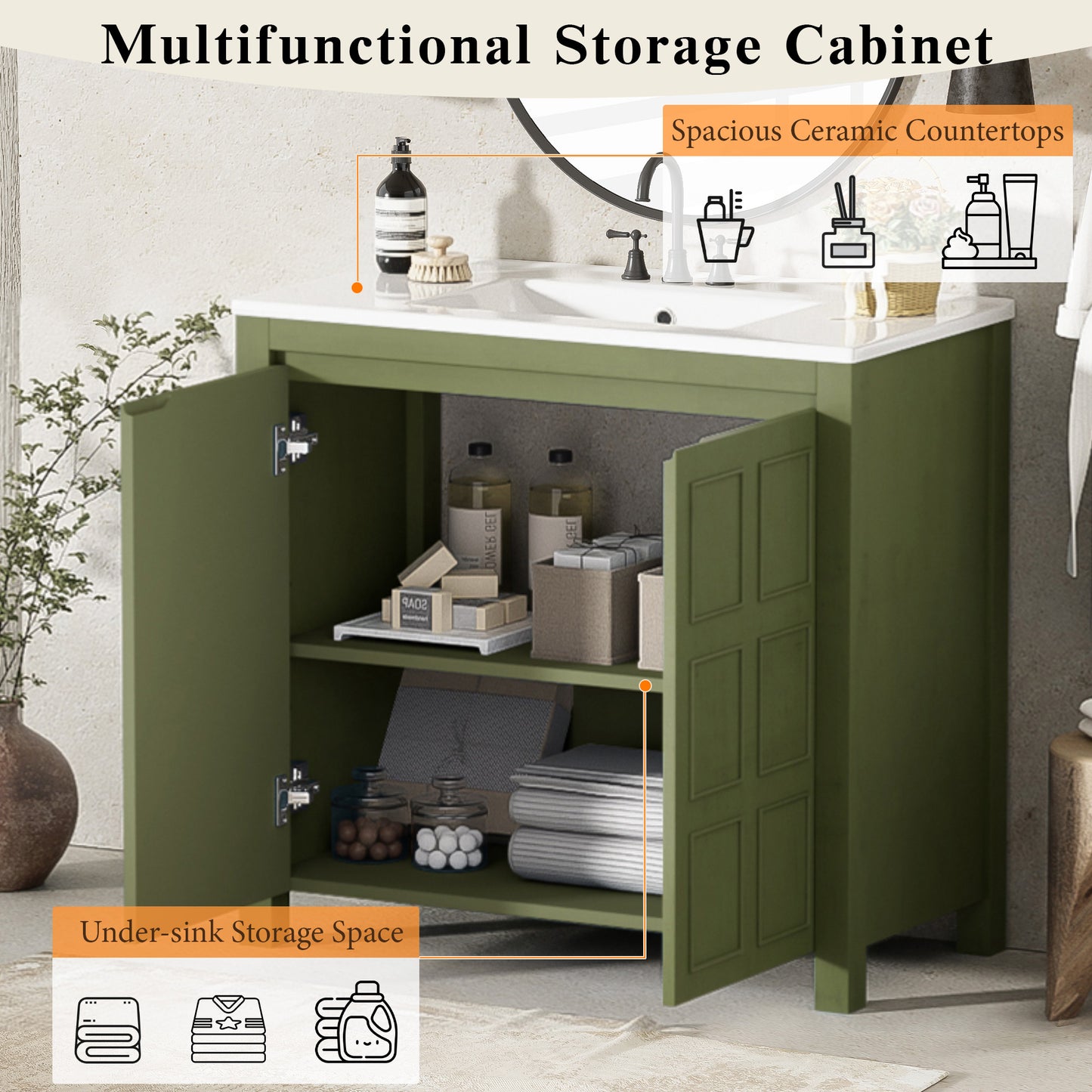 36   Bathroom Vanity Organizer With Ceramic Sink, Set Bathroom Storage Cabinet, Olive Green Old SKU SV000004AAF