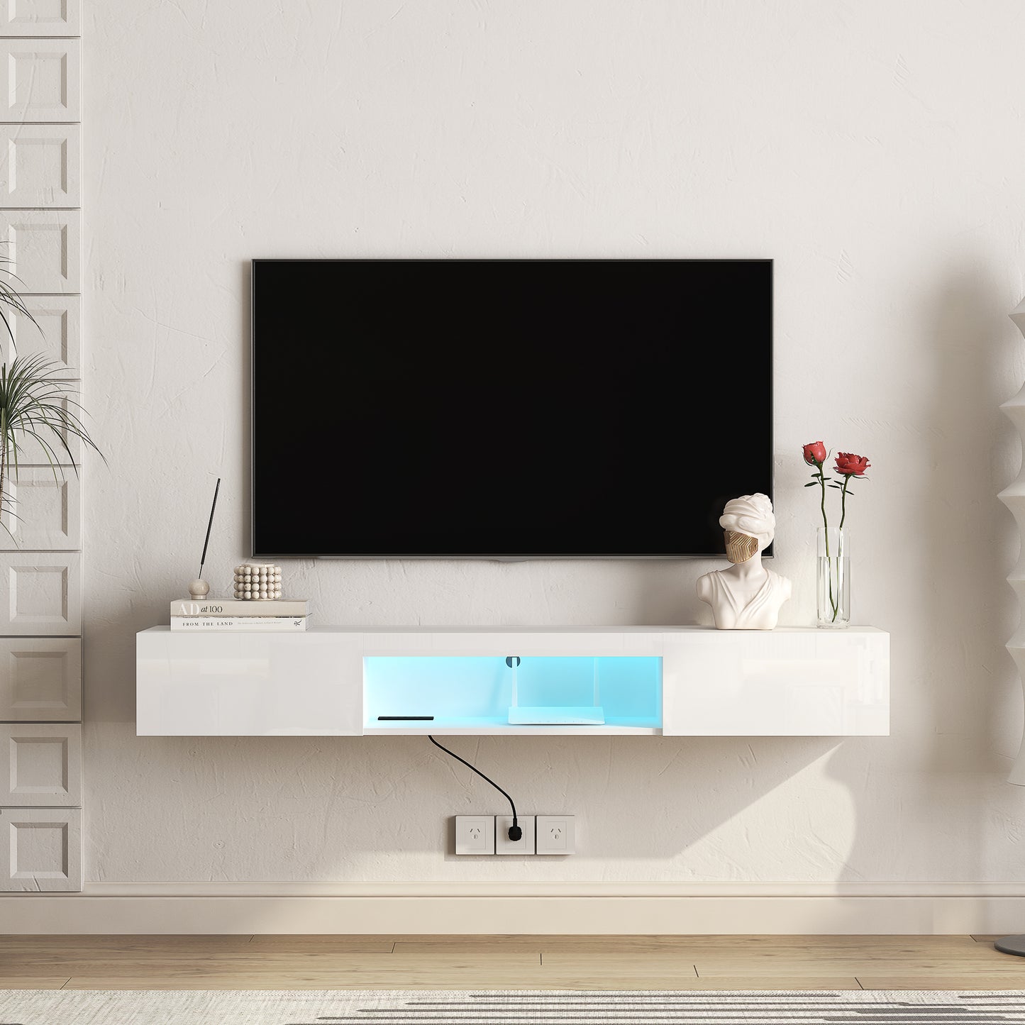 Floating TV Stand Wall Mounted With 16 Color LEDs,63  Modern TV Stand,Floating TV Cabinet Entertainment Center For 55 60 65 Inch TV,White