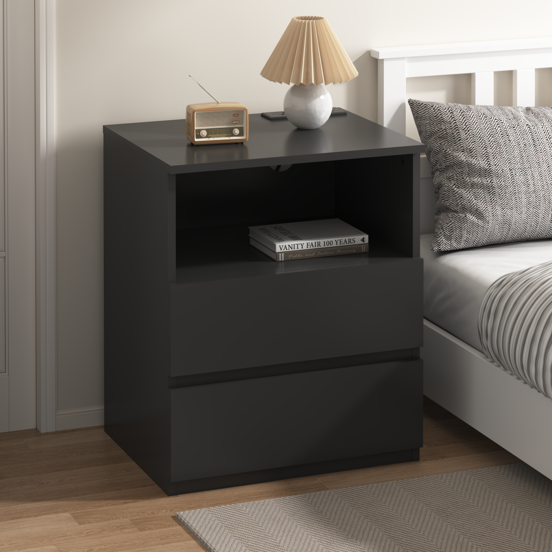 Set Of 2  End Table With Fast USB C Charging Station, Sofa Side Table With 2 Drawers, Large Storage Modern Wood Storage Cabinet For Living Room,Bedroom,Office, Black