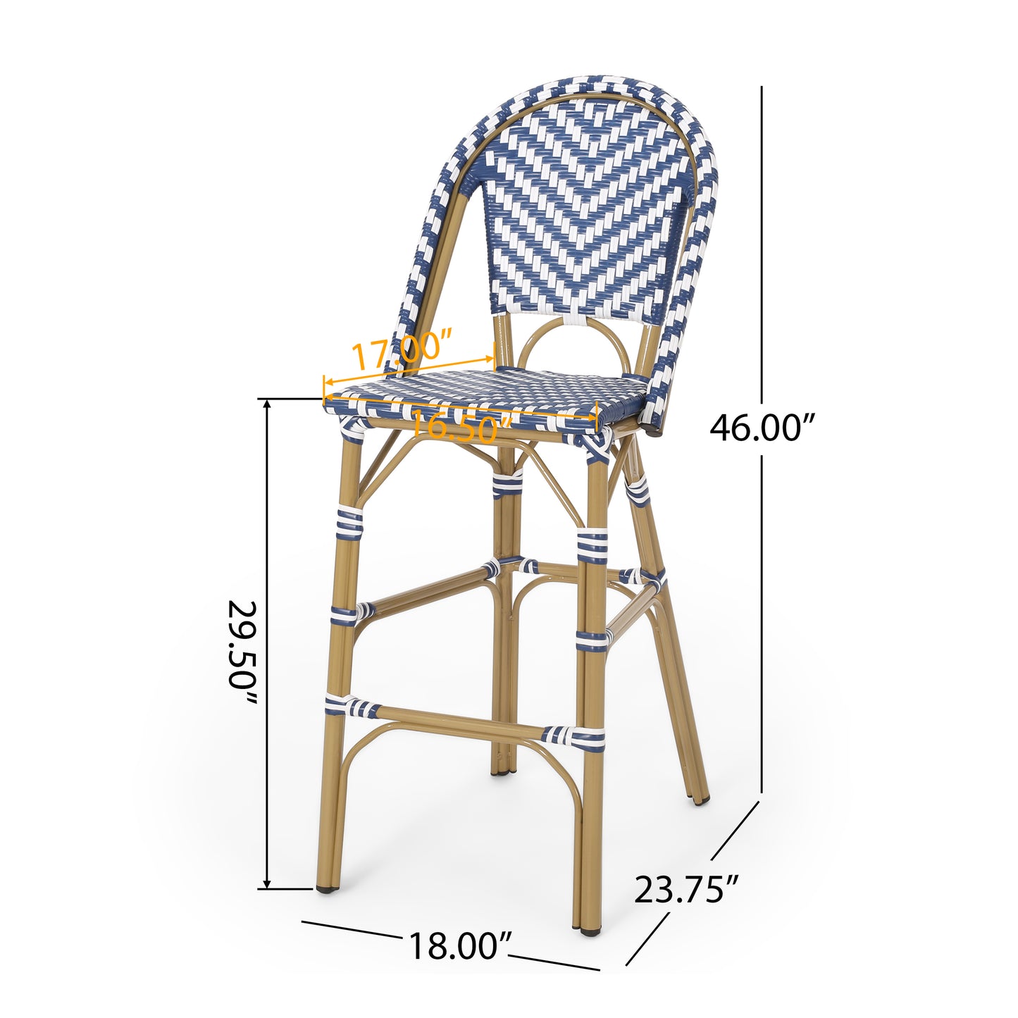 29.5 Outdoor PE Rattan French Barstool, Navy Blue And White, Aluminum Frame With Bamboo Finish  Set Of 2