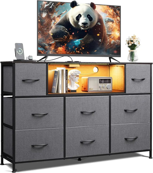 Dresser TV Stand For 45, 50, 55 Inch TV, Entertainment Center With LED Lights & Charging Station, Chest Of Drawers With 8 Fabric Drawers And Open Shelves For Living Room, Hallway, Wood Top
