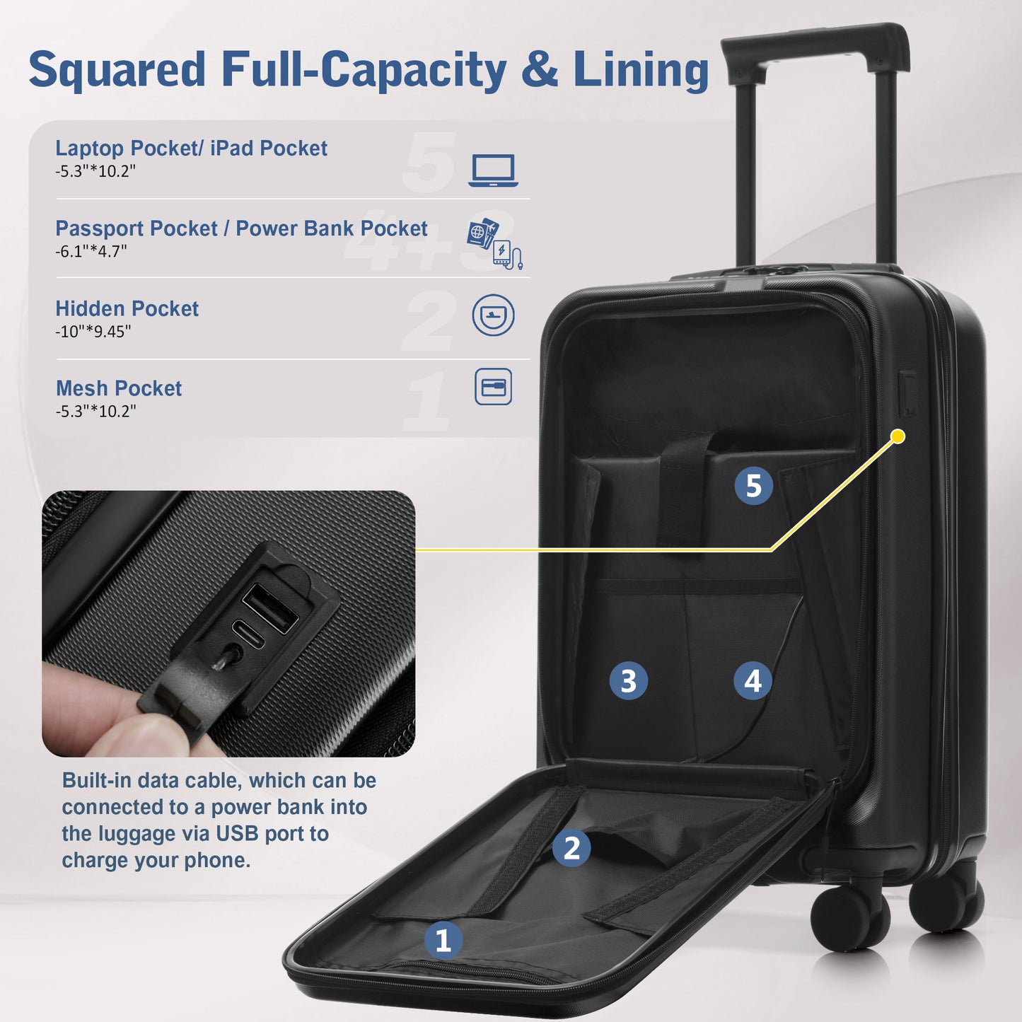 Luggage Sets 5 Piece With Front Opening, Hardside Expandable Carry On Suitcase Set With Double Spinner Wheel, Lightweight Travel Luggage With USB Port,TSA Locks 20  24  28