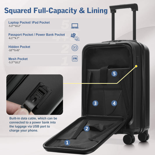 Luggage Sets 5 Piece With Front Opening, Hardside Expandable Carry On Suitcase Set With Double Spinner Wheel, Lightweight Travel Luggage With USB Port,TSA Locks 20  24  28