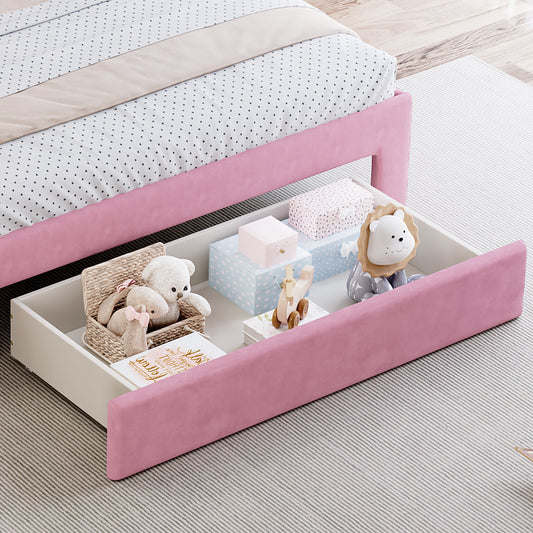 Full Size Upholstered Rainbow Design Bed, Velvet Princess Platform Bed With Storage Drawer, No Box-spring Needed,Colorful&Pink