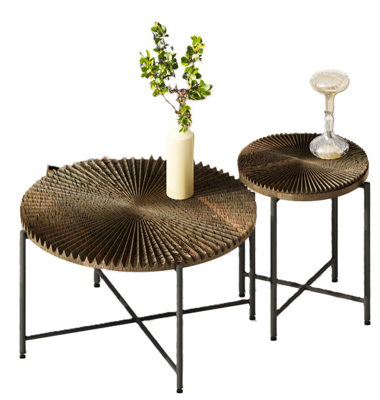Radial Pattern 2-Piece Coffee And End Table Set -Waterproof MDF With PVC Cover, Distressed Cylindrical Design, Black Metal Legs -Classic Rustic Charm, Dark Walnut