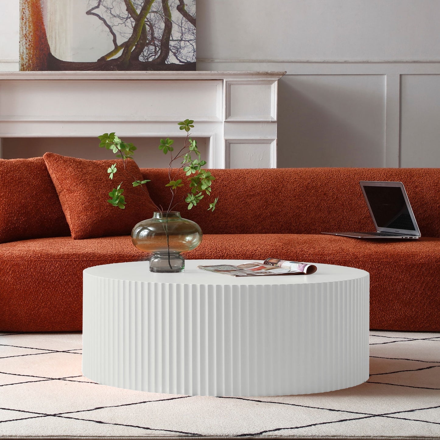 Contemporary Round Coffee Table With Handcrafted Relief,  35.43inch, Whtie Same Sku W876P252232