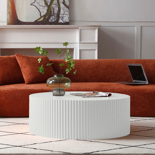 Contemporary Round Coffee Table With Handcrafted Relief,  35.43inch, Whtie Same Sku W876P252232