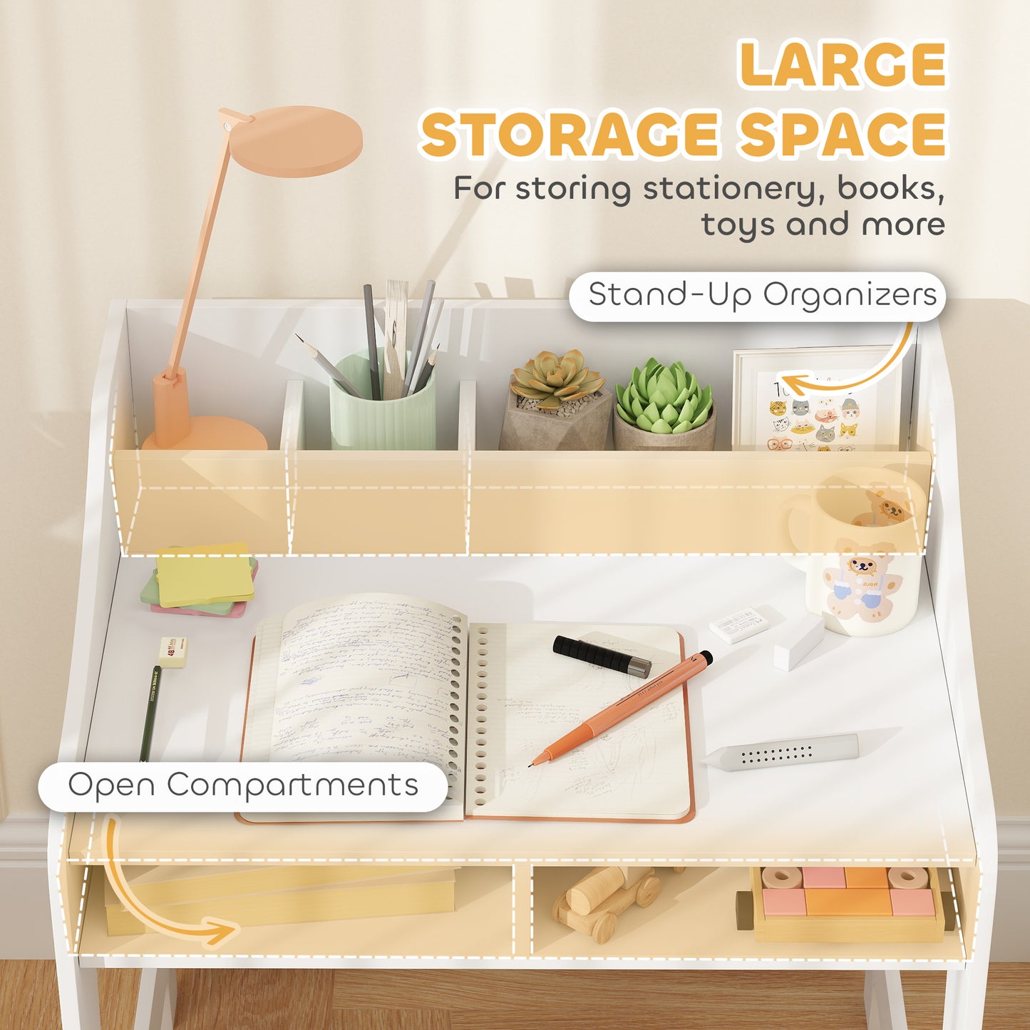 Kids Desk And Chair Set With Storage And Shelves, For Bedroom & Study Room, Gift For 3-8 Years Old, White