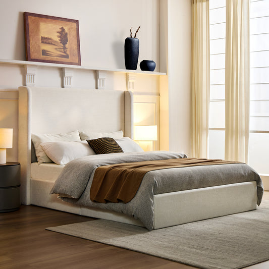 Carmen Upholstered Wingback Bed   Upholstered Platform Bed Frame   52  High Headboard   Simplicity   Minimalist   No Box Spring Needed     California King   Textured Ivory Canvas   No Noise