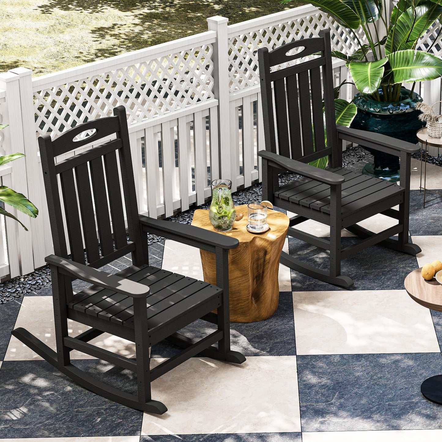 Outdoor Rocking Chair Set Of 2, HDPE Patio Rocking Chair For Adults, Oversized Outdoor Rocker For Porch Garden Lawn,Black
