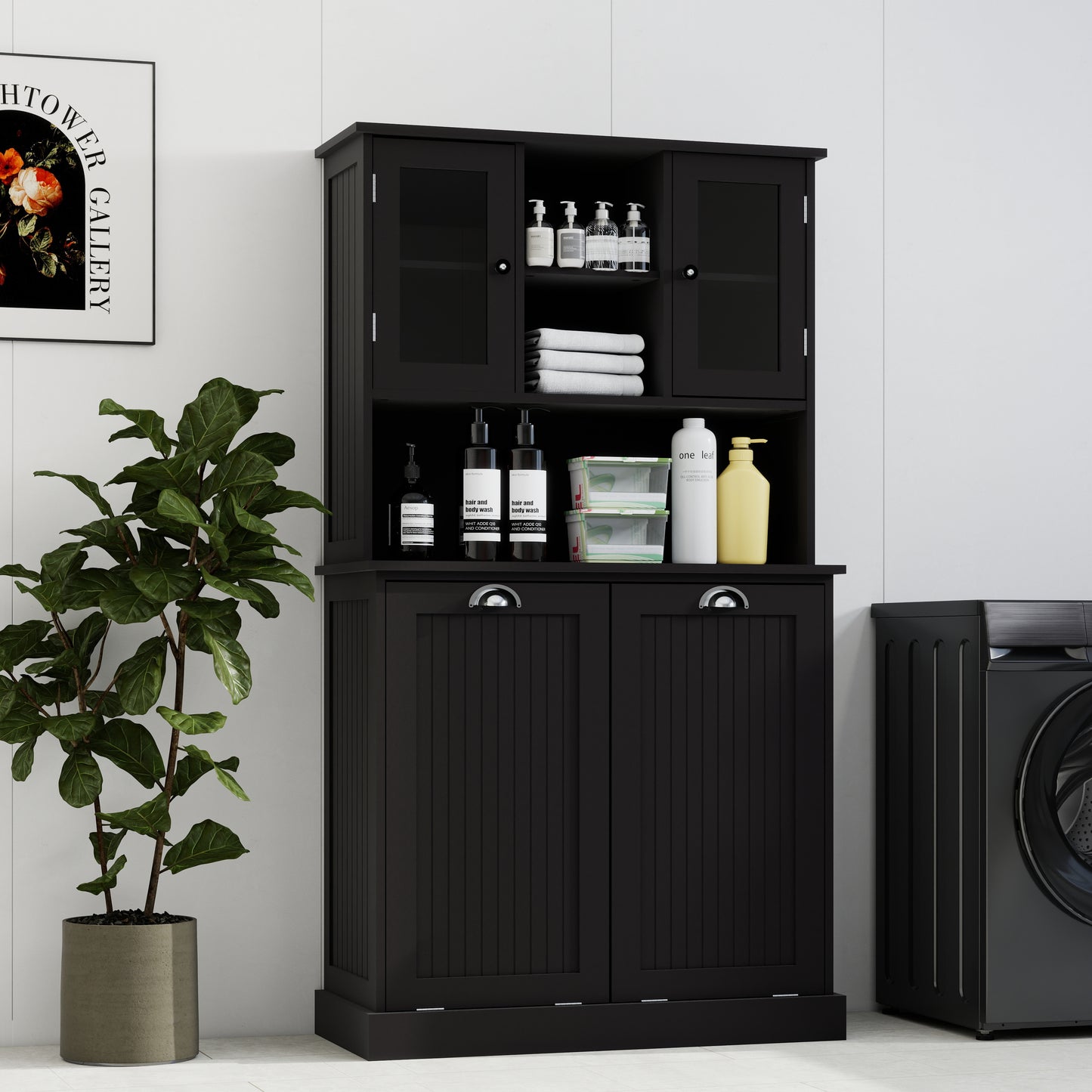 Two-Compartment Tilt-Out Dirty Laundry Basket Tall Bathroom Cabinet With 2 Adjustable Shelves-Black
