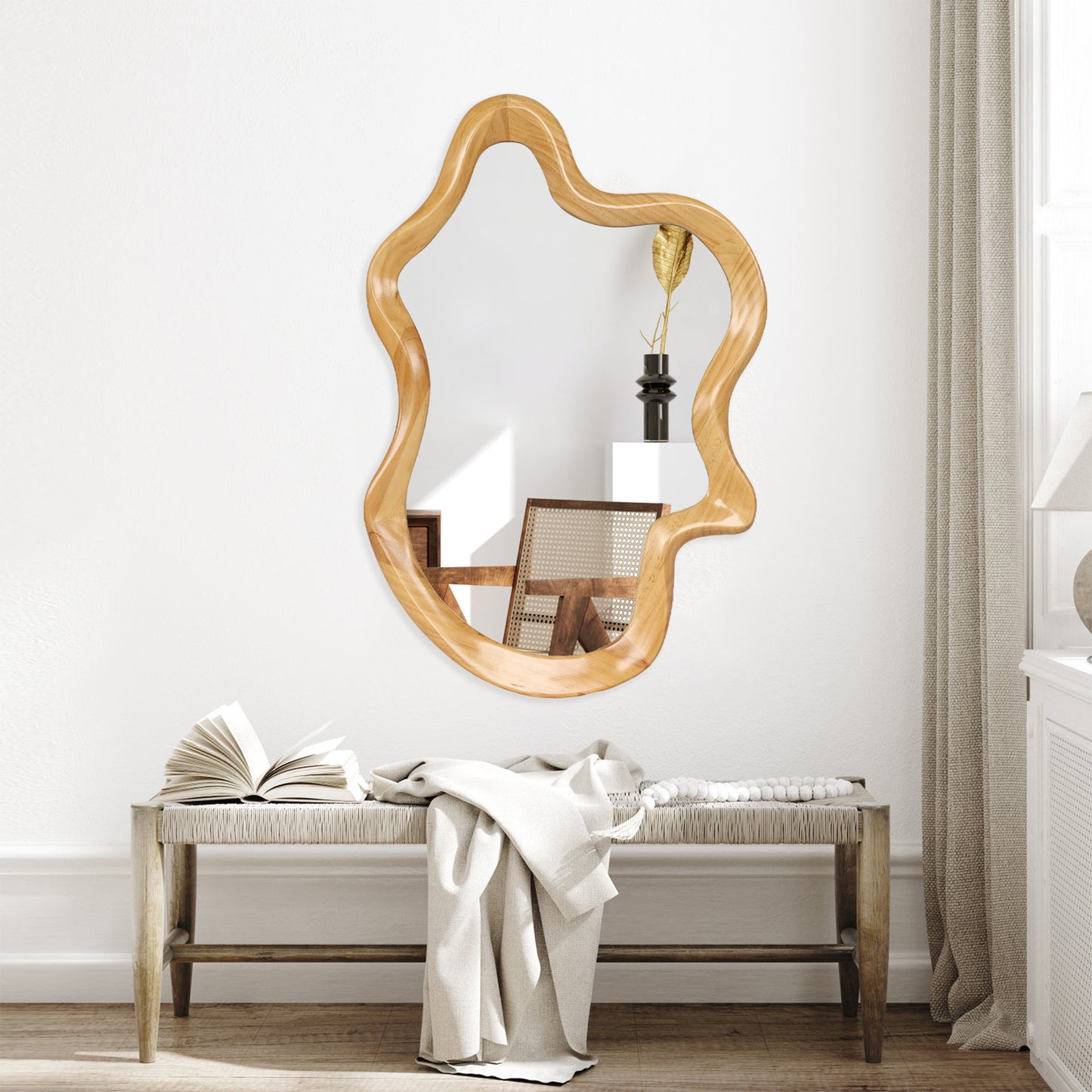 33.46  X 22.24  Irregular Shaped Wall Mirror With Natural Wood Frame