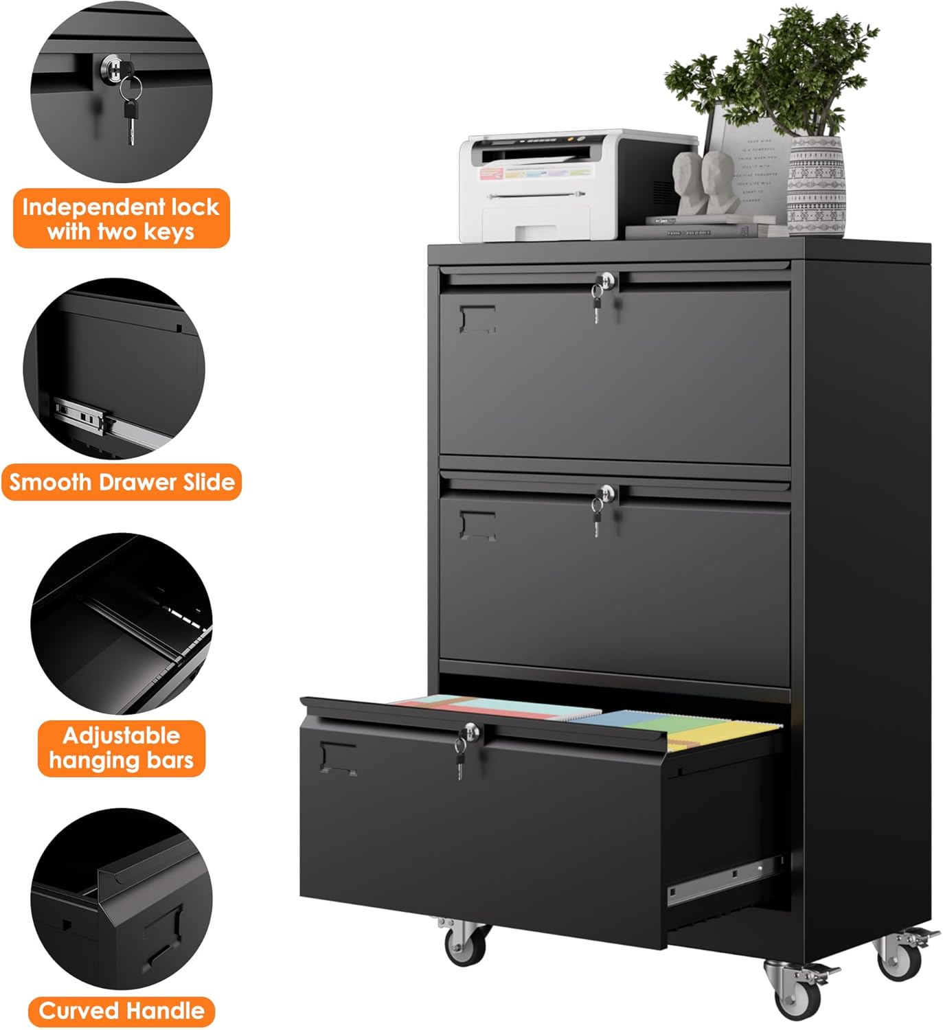 Aobabo 3 Drawer Lateral File Cabinet With Wheels,Metal Filing Cabinet With 3 Lock, For Home Office School Hanging Files Letter Legal F4 A4 Size, Assembly Required, Black