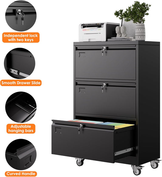 Aobabo 3 Drawer Lateral File Cabinet With Wheels,Metal Filing Cabinet With 3 Lock, For Home Office School Hanging Files Letter Legal F4 A4 Size, Assembly Required, Black