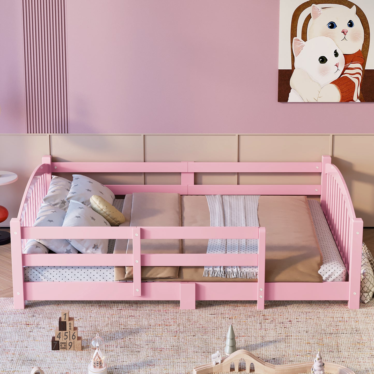 Full Montessori Floor Bed With Slats And Safety Guardrails, Solid Wood Floor Bed With Fence And Without Door, Easy Assemble Montessori Bed For Girls And Boys, Pink