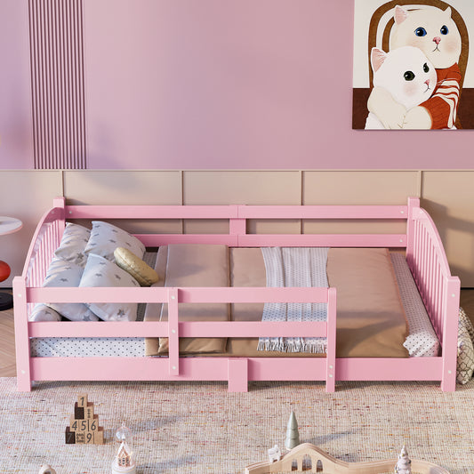 Full Montessori Floor Bed With Slats And Safety Guardrails, Solid Wood Floor Bed With Fence And Without Door, Easy Assemble Montessori Bed For Girls And Boys, Pink