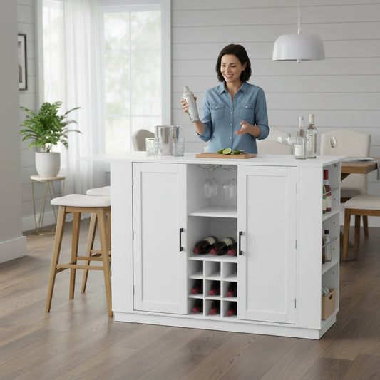 U-Style 47.2  Kitchen Island With Drop Leaf & Power Outlet  Wine Bar Cabinet With Bottle Rack & Glass Holder  Coffee Bar  2- Door Buffet Sideboard With Side Shelves  Melamine MDF