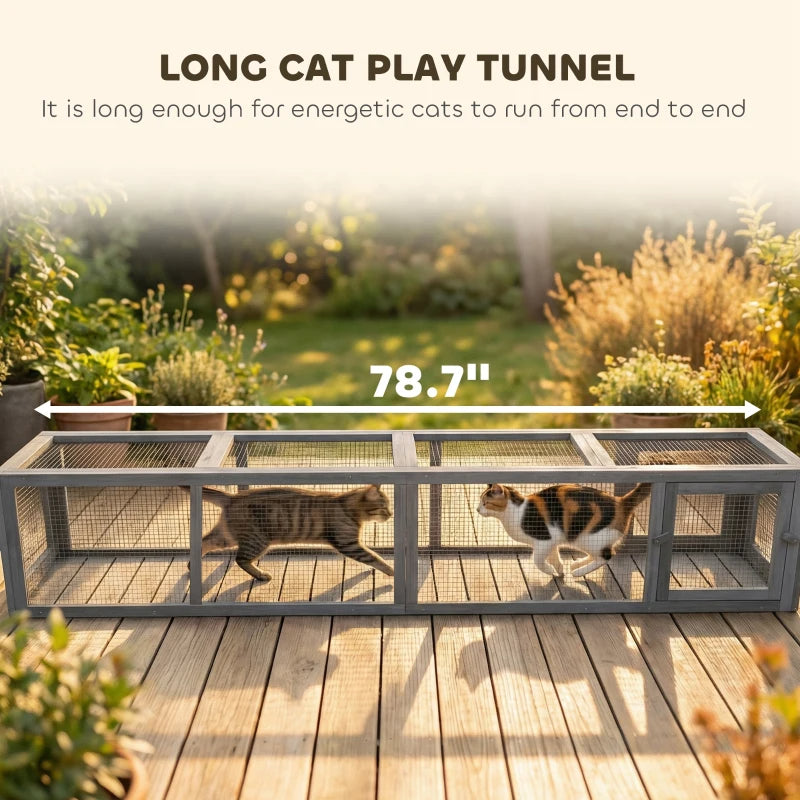 PawHut Wooden Cat Run With Weather Protection, Connecting Inside And Outside, Dark Gray