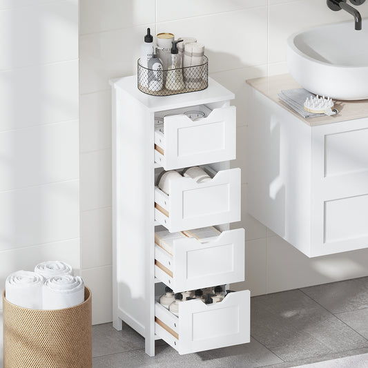Bathroom Floor Cabinet With 4 Drawers, Freestanding Wooden Storage Organizer For Bathroom, Hallway Or Living Room, Narrow White Side Cabinet With Space-Saving Vertical Design, White