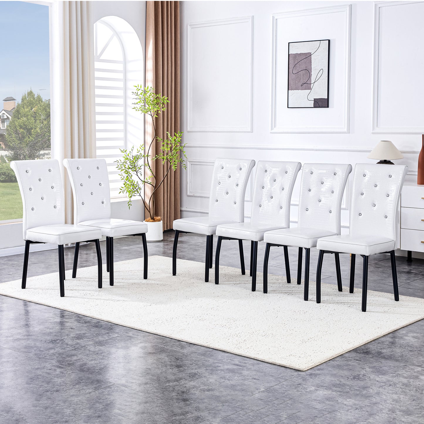 A Set Of 4 White And Black Vintage Crocodile Leather Cushioned Dining Chairs, Featuring Crystal Clasp Design And Artificial Leather Design, Adding A Touch Of Elegance And Mystery To The Dining Area