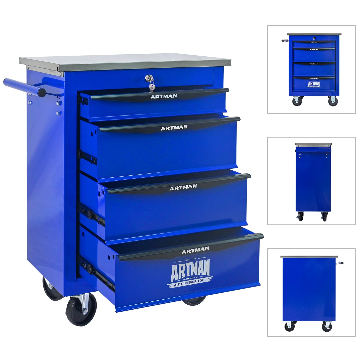 4 Drawers Multifunctional Tool Cart With Wheels,Metal Rolling Tool Cart Storage For Garage Workshop Warehouse Repair Shop--With  Stainless Steel Roof- BLACK&BLUE