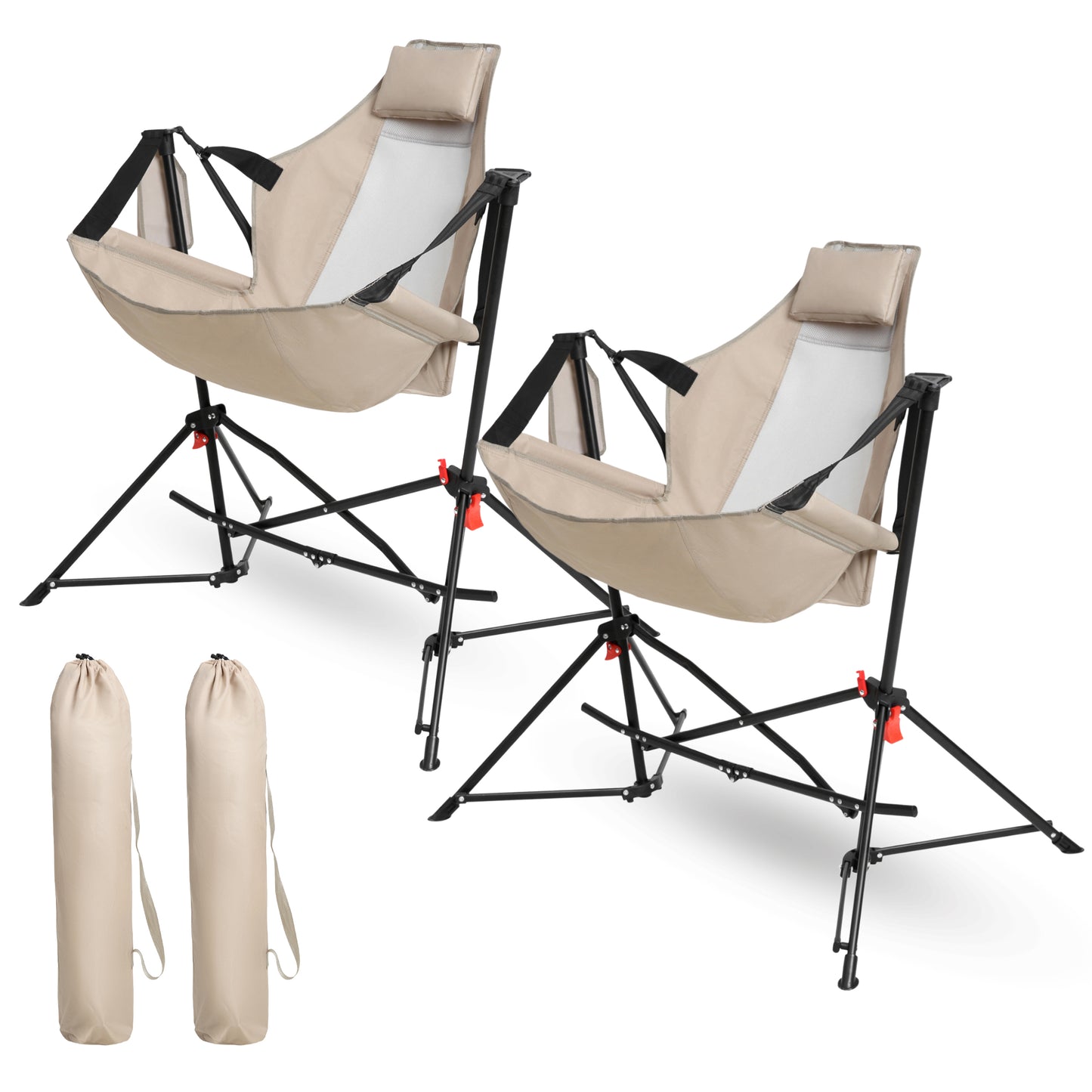 Hammock Camping Chair, Folding Portable Rocking Chair, Aluminum Alloy Adjustable Back Swinging Chair With Pillow Cup Holder, Recliner With Carry Bag For Outdoor Travel Lawn Backyard, Khaki  2pcs