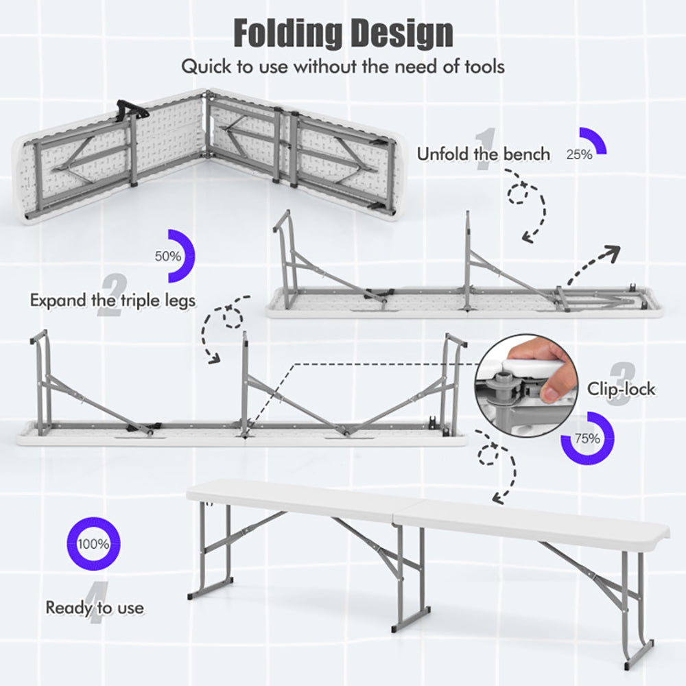 6 Feet Plastic Folding Bench Picnic Camping Dining Seat With Carrying Handle Accommodate 3 People Non-slip Foot