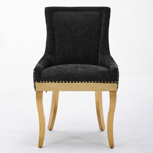 Chenille Dining Chairs, Modern Style With Curved Gold - Plated Legs & Rivet Trim, Upholstered Comfort For Dining Lounge, Accent Seating With Textured Fabric & One - Piece Structure, Black,Set Of 2
