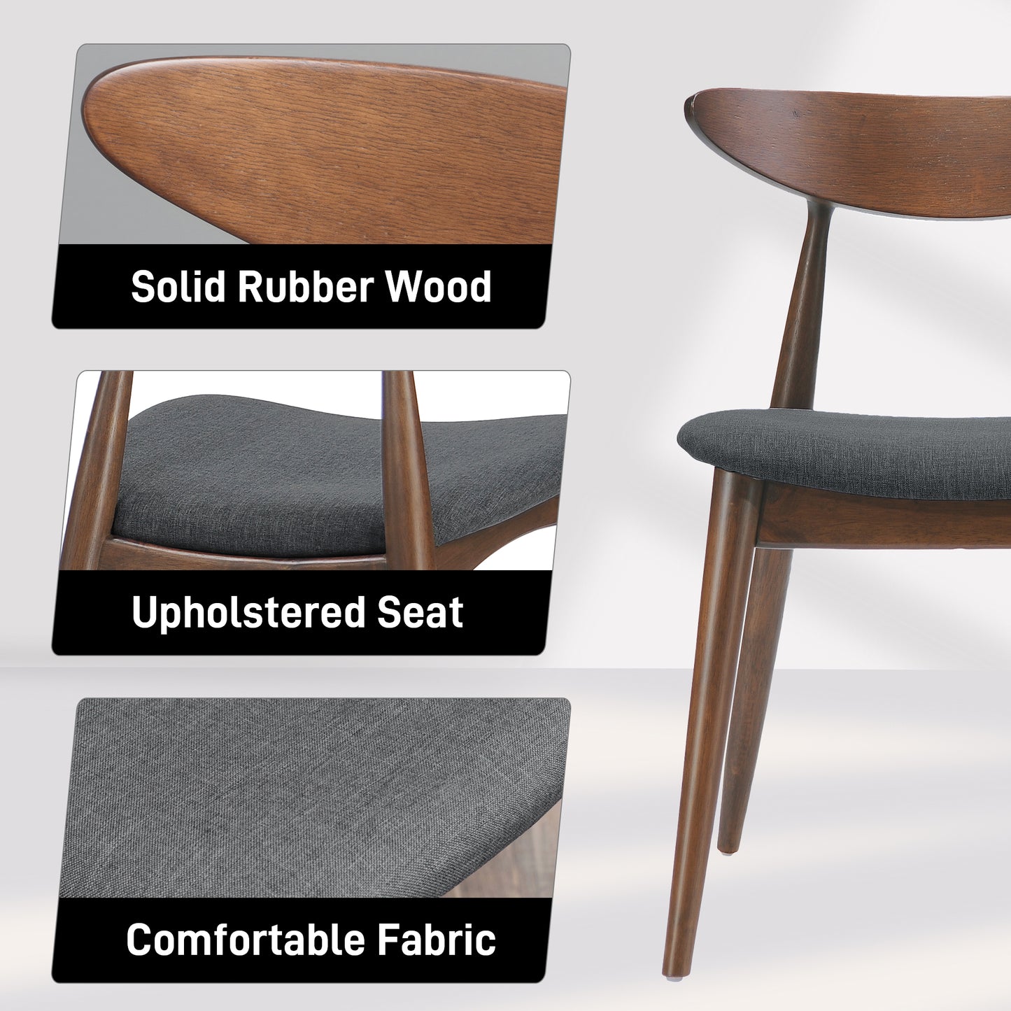 Set Of 2 Retro Rubberwood Chairs With Ergonomic Back & Plush Cushions, Walnut-Charcoal