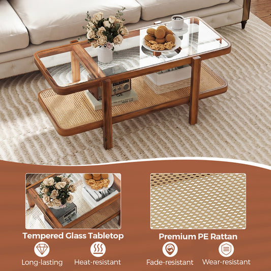 2-Tier Coffee Table With Storage And Tempered Glass Tabletop PE Rattan Anti-fading, Tear-proof For Office, Waiting Room, Or Reception Room