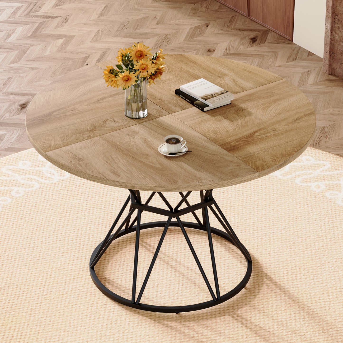 A Circular Dining Table With A Diameter Of 47.3 Inches, Featuring 4 Light Wood Grain MDF Tabletops, Black Hourglass Shaped Metal Brackets, And A Modern Industrial Style Dining Table For 4-6 People.