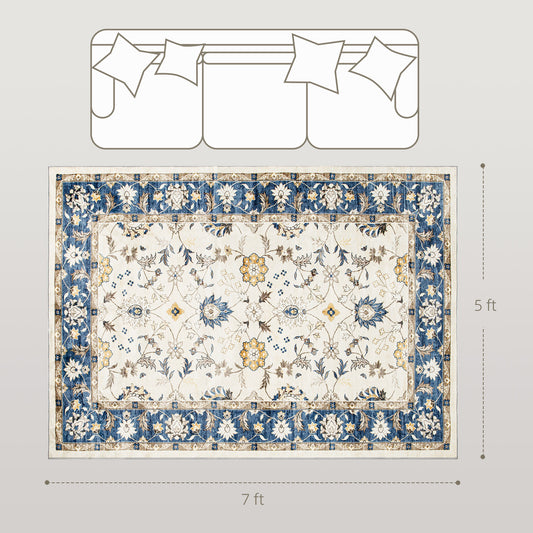 Machine Washable Area Rug 5x7, Non-Slip Boho Floral Print Floor Carpet For Living Room, Bedroom, Dining Room, Blue